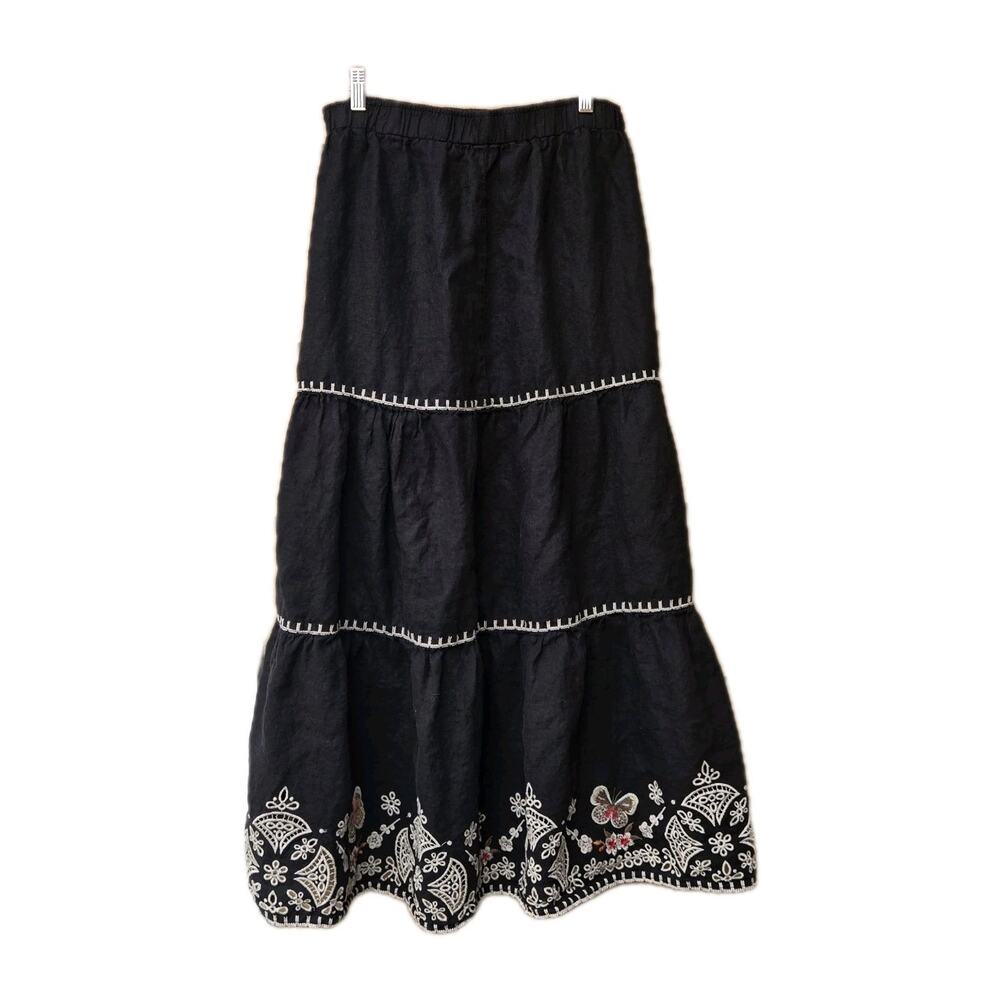 Johnny Was Los Angeles Maxi Skirt Black Tiered Embroidered Linen Peasant Sz Smal